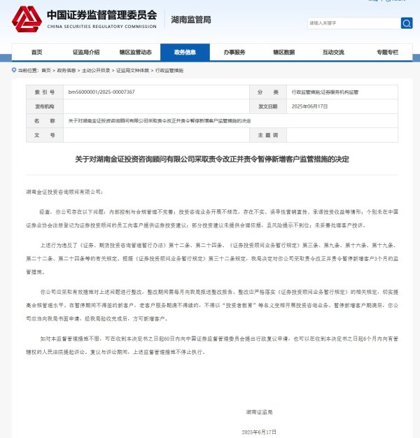 鼎茂策略 湖南金证顾问公司被责令改正并暂停新增客户