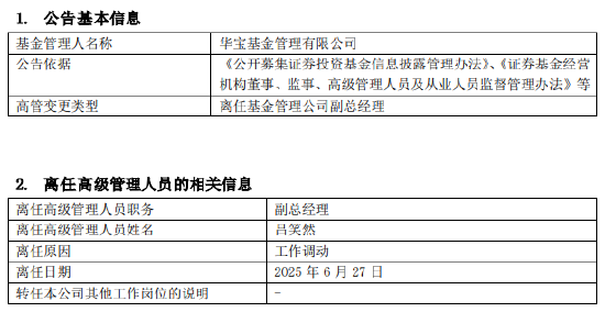 优配资 华宝基金副总经理吕笑然因工作调动离任